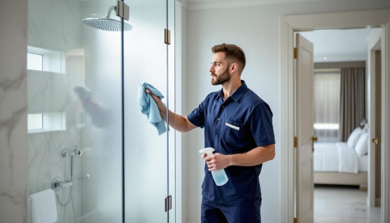 ontdek hoe luxe hotels kalkaanslag op douchewanden in minder dan twee minuten effectief verwijderen voor een stralend schone badkamer.